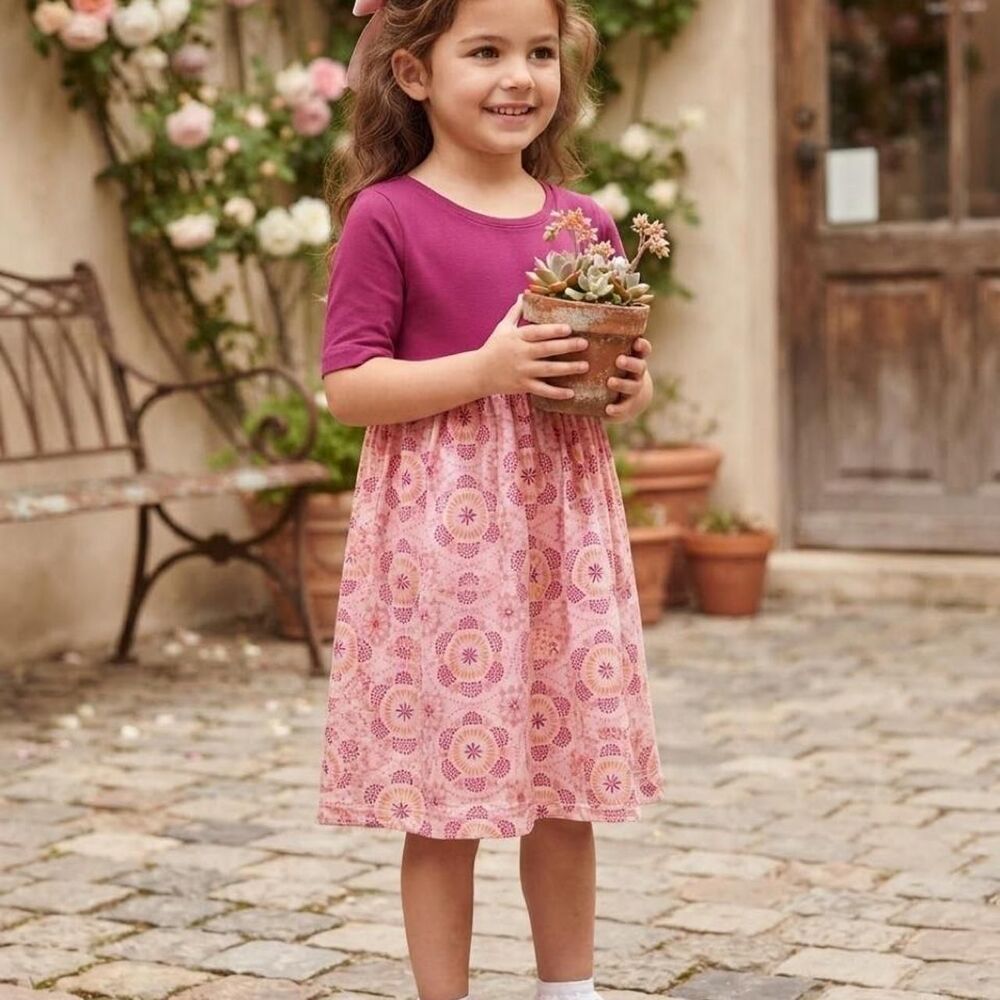 Tea Collection Girls Size 6 Magenta Dress Pink Folkloric Floral Print